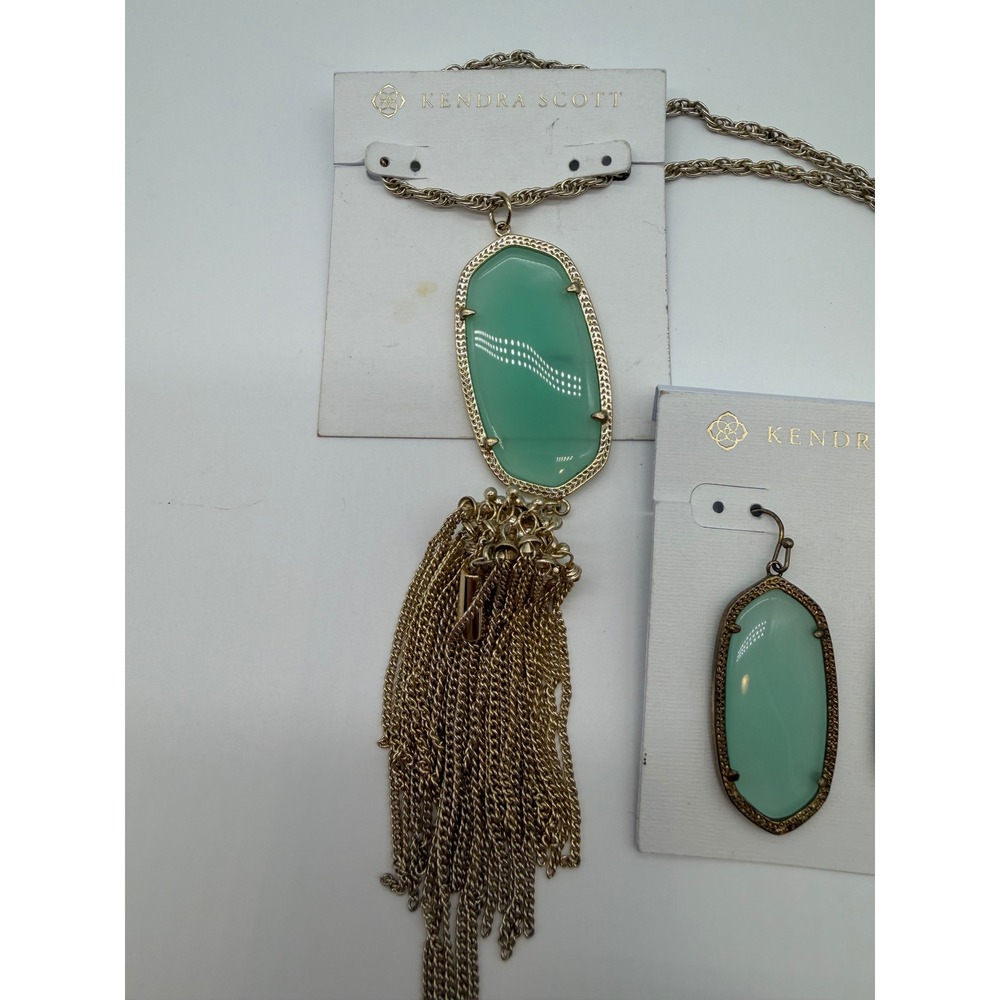 Kendra Scott Rayne Tassel Necklace and Dani Earrings Set Mint Green Gold Tone - Picture 4 of 5